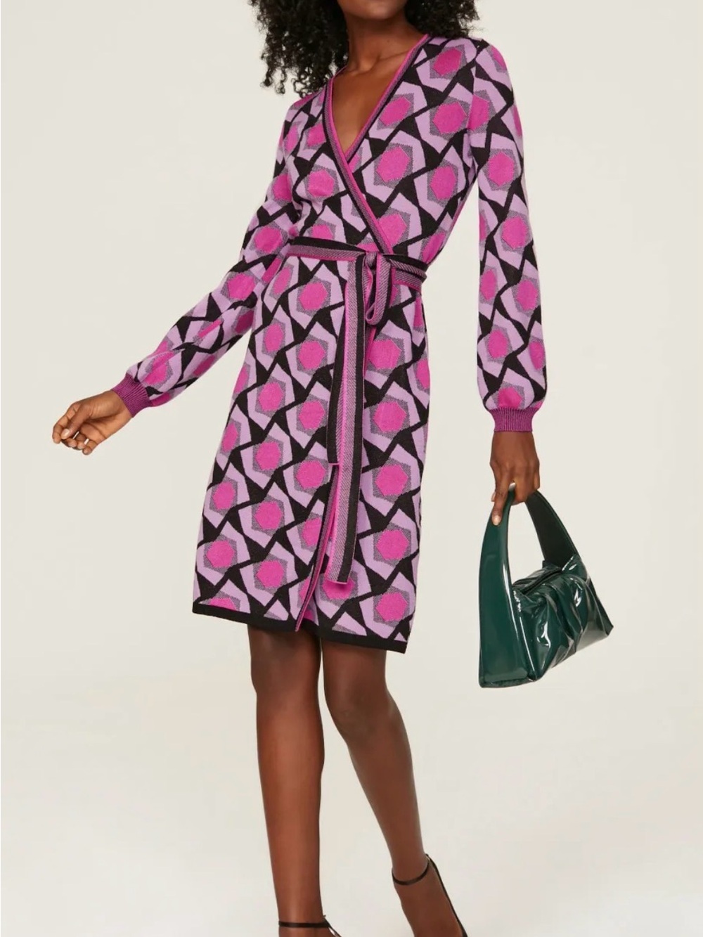 Diane Von Furstenberg Alexio Pink Geometric Wrap Knit Winter Wardrobe Dress - Picture 3 of 8